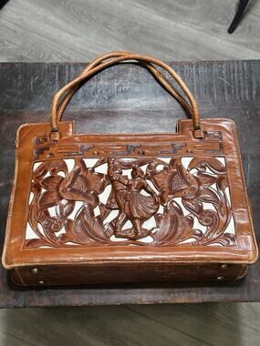 Vtg Mexican Style Satchel Handbag Brown Carved Leather Floral Dancers Zip Lined